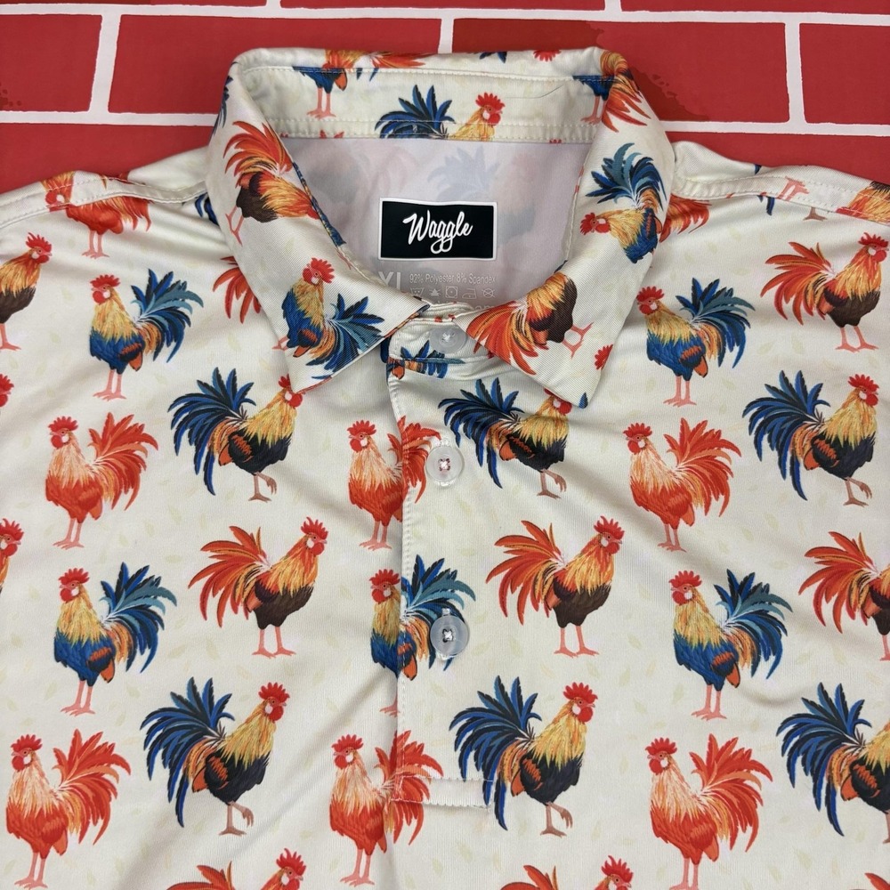 Waggle Polo Shirt Mens XL Multicolor Rooster Print Golf Stretch Short Sleeve